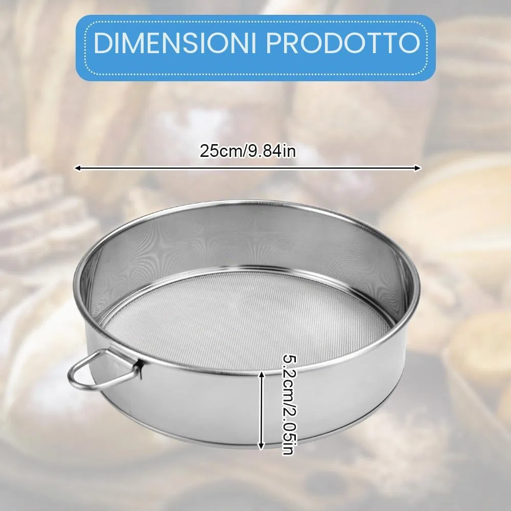 Setaccio per Farina Rotondo in Acciaio Inox 25 cm, Setaccio a Rete Portatile per Glassa, Zucchero, Colino a Maglia Fine con Filtro