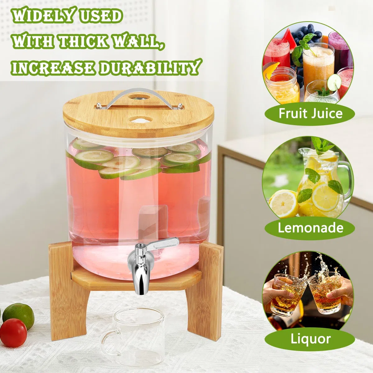 Dispenser per bevande in vetro borosilicato resistente alle alte temperature, con coperchio a bocca larga, barattolo per bevande calde con supporto in bambù, per succhi di frutta, acqua, tè