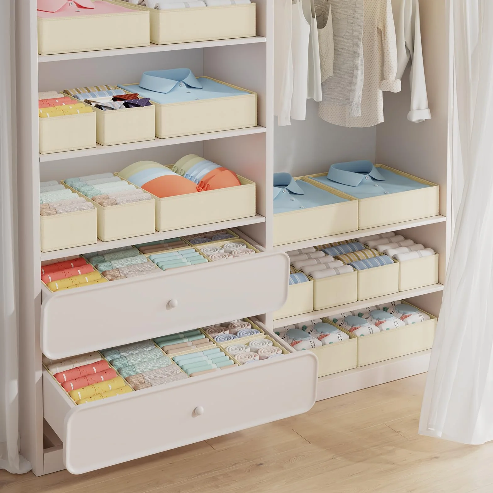 DIMJ Organizer Cassetti, Cassetto Organizer, Divisori per Cassetti, Organizzatore Armadio Pieghevole Organizzatore, Contenitori per Armadio Salvaspazio, Tessuto Non Tessuto, 12 Pcs, Beige