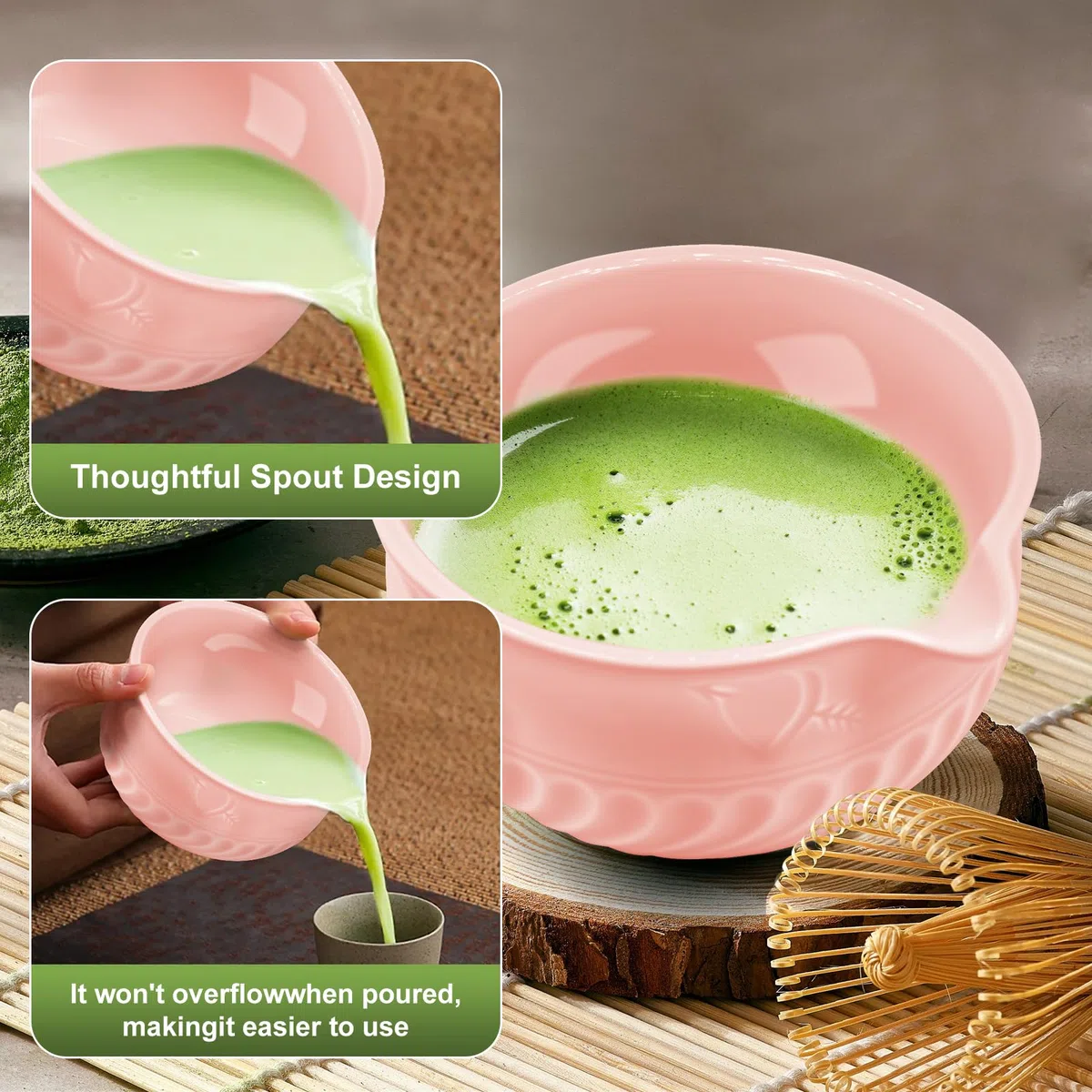 5 pezzi Matcha Kit, Set da tè Giapponese Premium, con Frusta Matcha in Bambù Cucchiaio Ciotola e Supporto, Set Matcha per Gli Amanti del tè(Rosa)