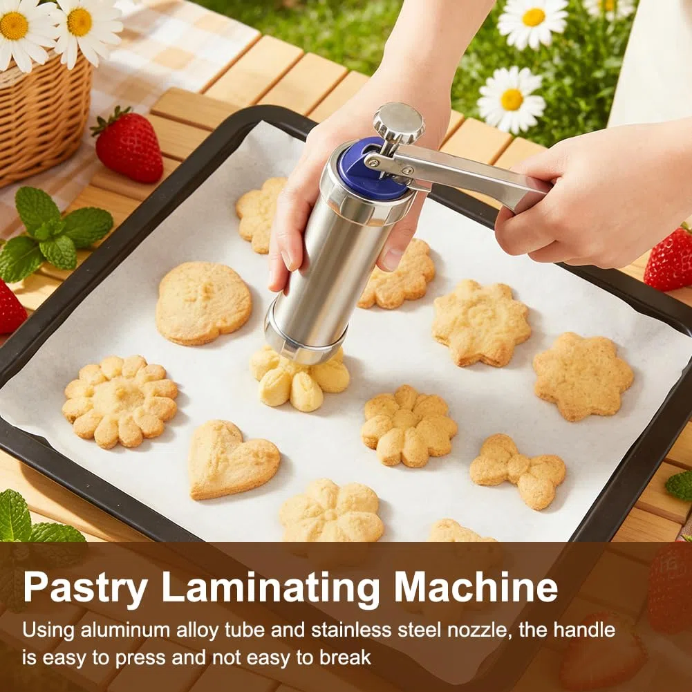 Pressa per pasticceria con 20 stencil e 8 beccucci in acciaio inox, pressa per pasticceria, macchina da cucina, macchina per biscotti fai da te