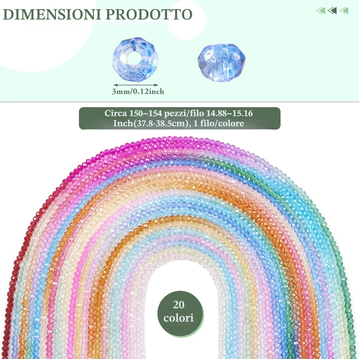 FASHEWELRY - 20 fili di perline di vetro trasparente, 3 mm, perline sfaccettate a rondelle colorate, distanziatori liberi per braccialetti e collane, bigiotteria fai da te