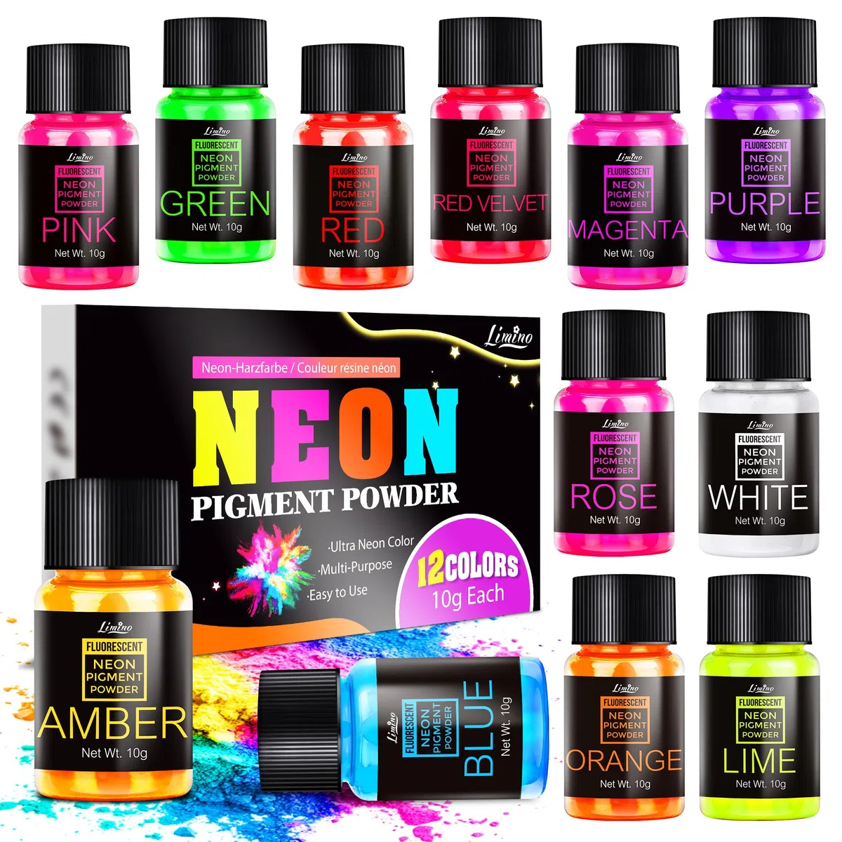 Polvere di pigmento neon - 12 colori Polvere fluorescente per resina epossidica, design delle unghie, candele, slime e produzione di sapone, colorante per resina al neon per pittura, gioielli