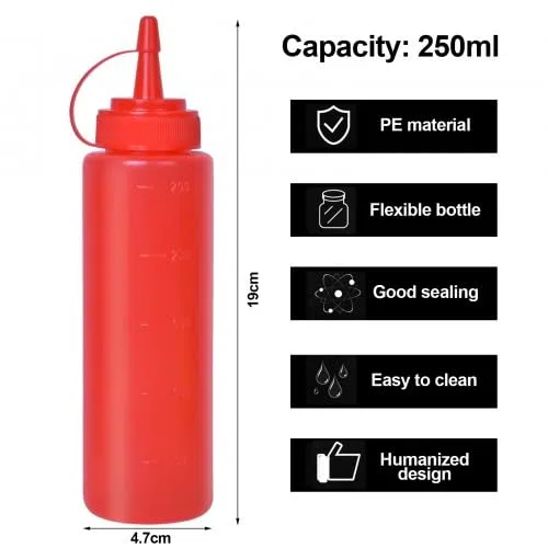Bottiglia per Squeeze con Tappi, 3pcs Bottiglie di Plastica Squeeze, 250ml Cucina Flacone Dosatore, per Ketchup, Senape, Mayo, Salse Piccanti, Olio d'Oliva (Rosso + Bianco + Giallo)