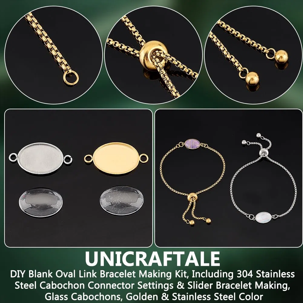 UNICRAFTALE 8 Set 2Colori In Acciaio Inossidabile Fai Da Te Kit per Creazione di Braccialetti A Maglia Ovale Vuoto Regolabile Cursore Catena con Connettore Cabochon Ovale Lunetta con Cabochon In Vetro
