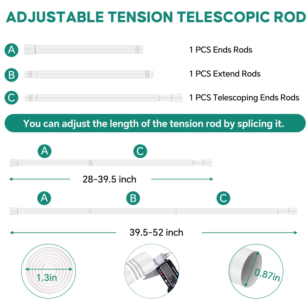 Asta per tenda da doccia regolabile bianca 71-196 cm, 1 pezzo, diametro 2,2 cm, antiscivolo, resistente, a molla a tensione, senza trapano, per finestre, bagno, cucina, armadio, porta, 22TD28-77WH