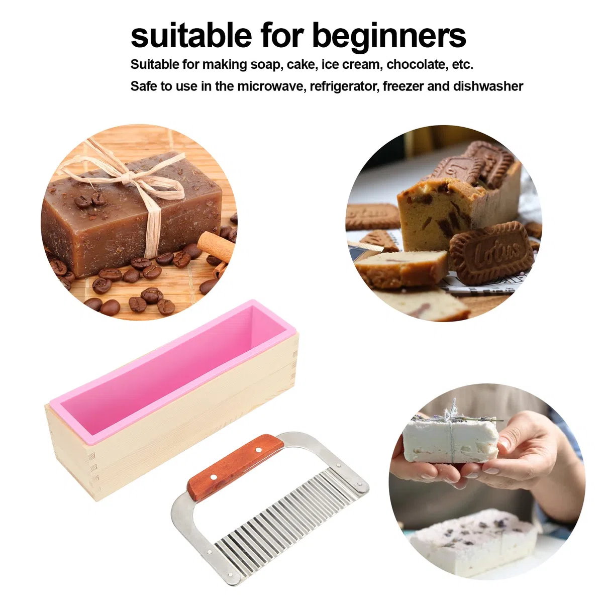 Set di tagliasapone in Legno, Stampo per Tagliasapone in Legno con Stampo in Silicone con Taglierina Ondulata in Acciaio Inossidabile per la Produzione di Sapone Fai da Te