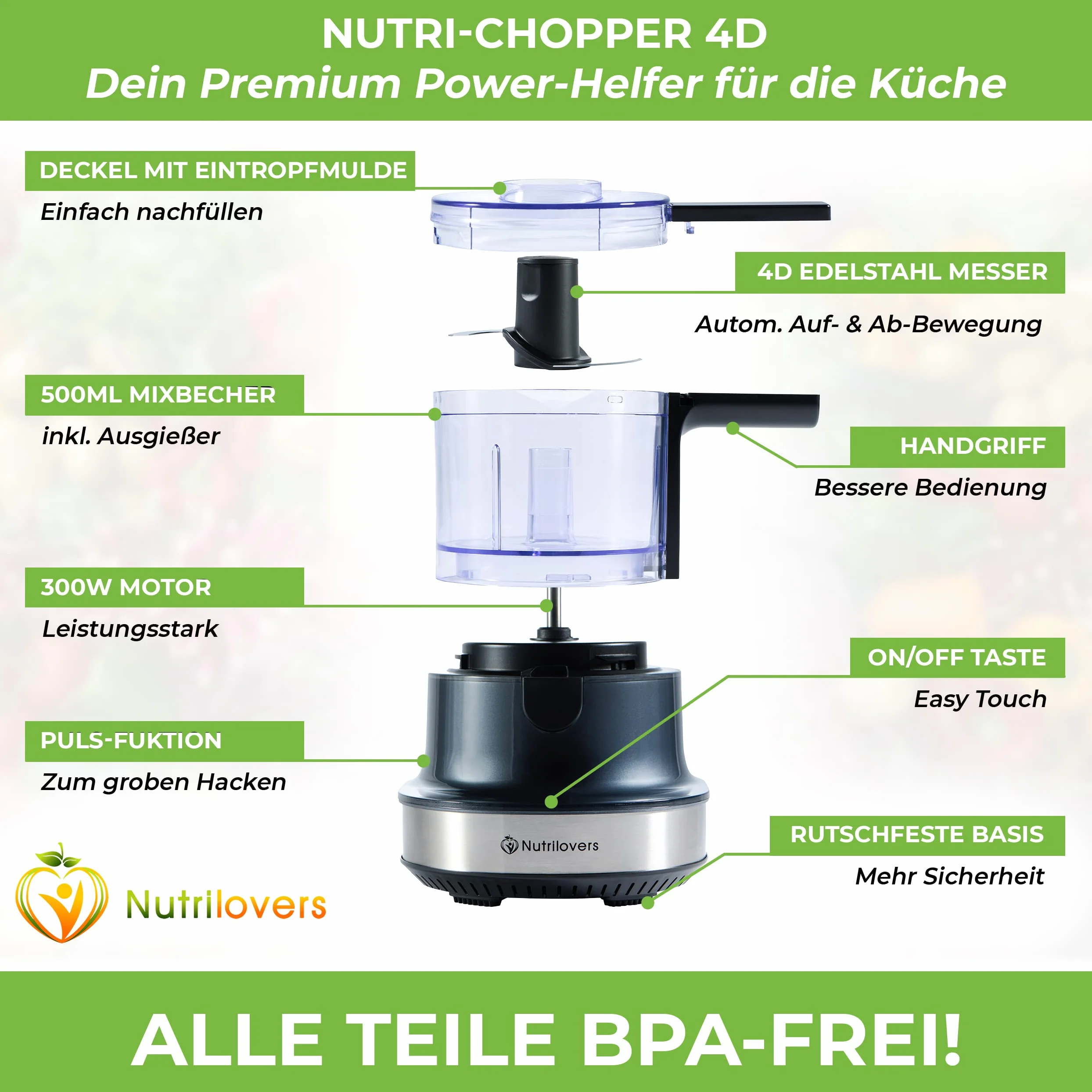 NUTRI-CHOPPER 4D tritatutto elettrico con funzione AUTO-BLADE – senza BPA – marchio tedesco – Food Processor trituratore universale per cipolla carne, noci, pesto