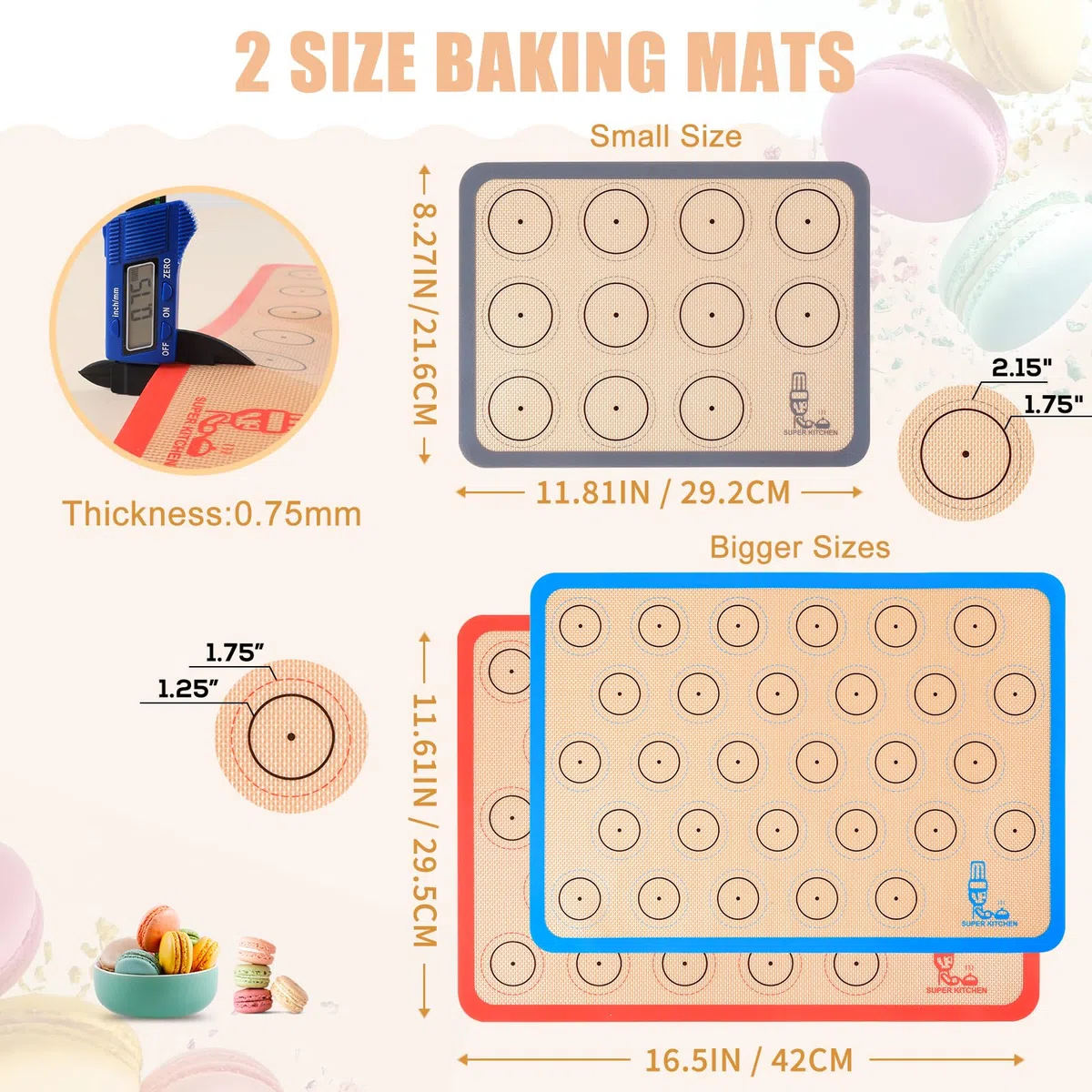 Super Kitchen Set da 3 Tappetini da forno in silicone Antiaderente, Foglio da Forno per Macaron Biscotti Pane - Carta da Forno Riutilizzabile, Stuoia Pasticceria, Resistente al Calore, Senza BPA