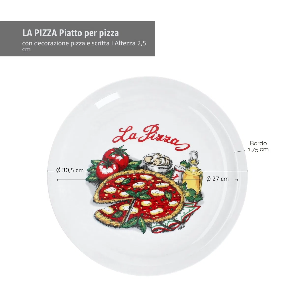 MamboCat - Set di 6 piatti per pizza Ø 30,5 cm, per 6 persone, grandi piatti da pizza in porcellana con decorazione e scritte di pizza, per pizze o per servire, piatto da portata XL