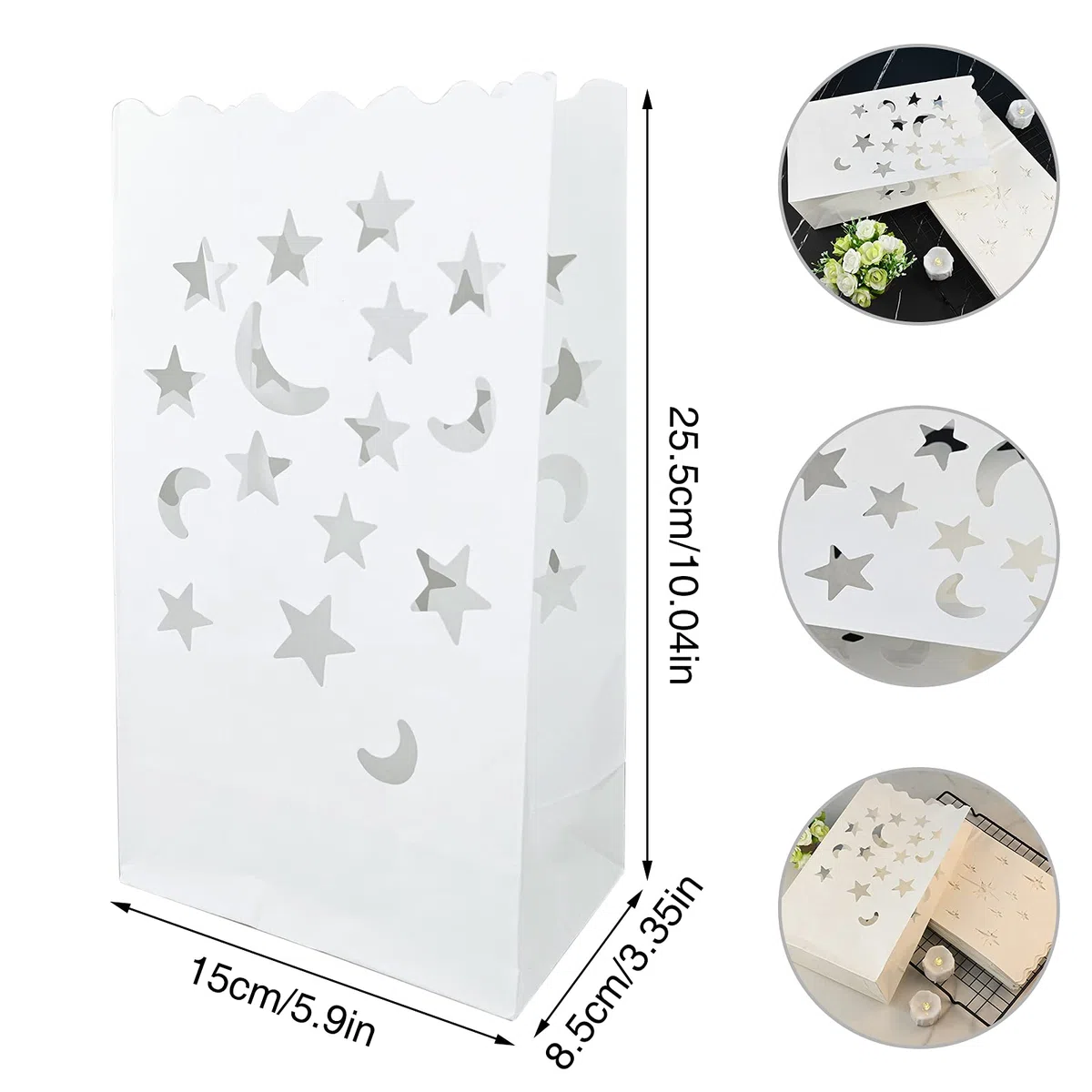 30 sacchetti luminari, lanterne di carta resistenti alla fiamma, riutilizzabili, sacchetti luminari bianchi, a forma di farfalla, stella a forma di cuore e luna, per matrimoni, feste romantiche
