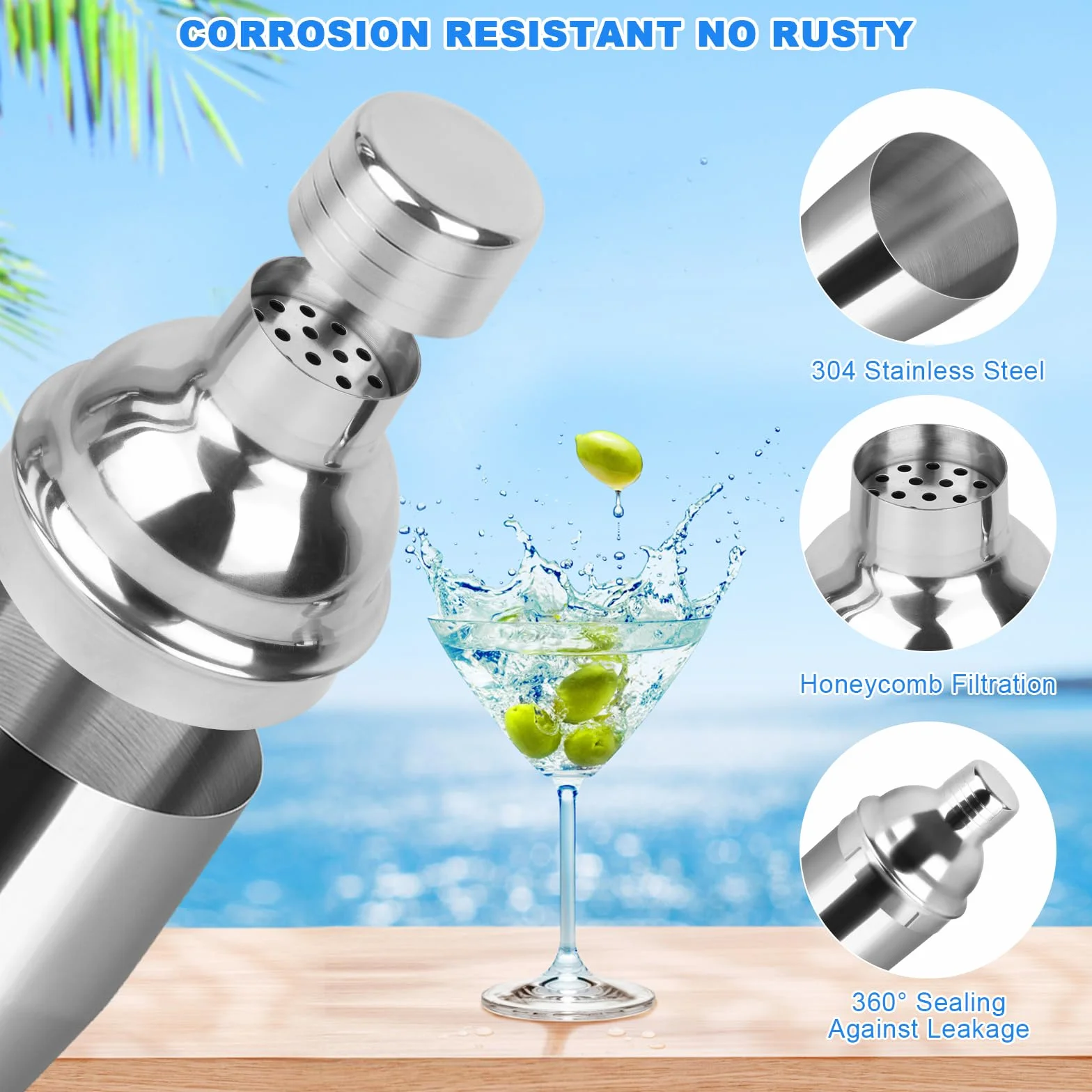 750 ML Shaker, 5 Pezzi Shaker Cocktail Set Kit da Barman in Acciaio Inox, Professionale Barman Set, con Colino, Jigger, Cucchiaio, per Miscelare Bevande, Casa, Bar, Feste (Argento)