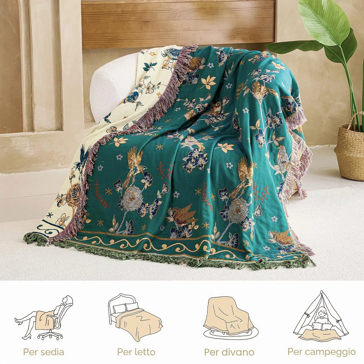 VANJOROY Coperta per Divano e Letto Grande in 100% Cotone Organico con Motivo Floreale di Uccelli - 130x150cm, Coperta Morbida Doppio Lato Stile Bohémien per Poltrona Singola a 2 Posti, Tappeto da
