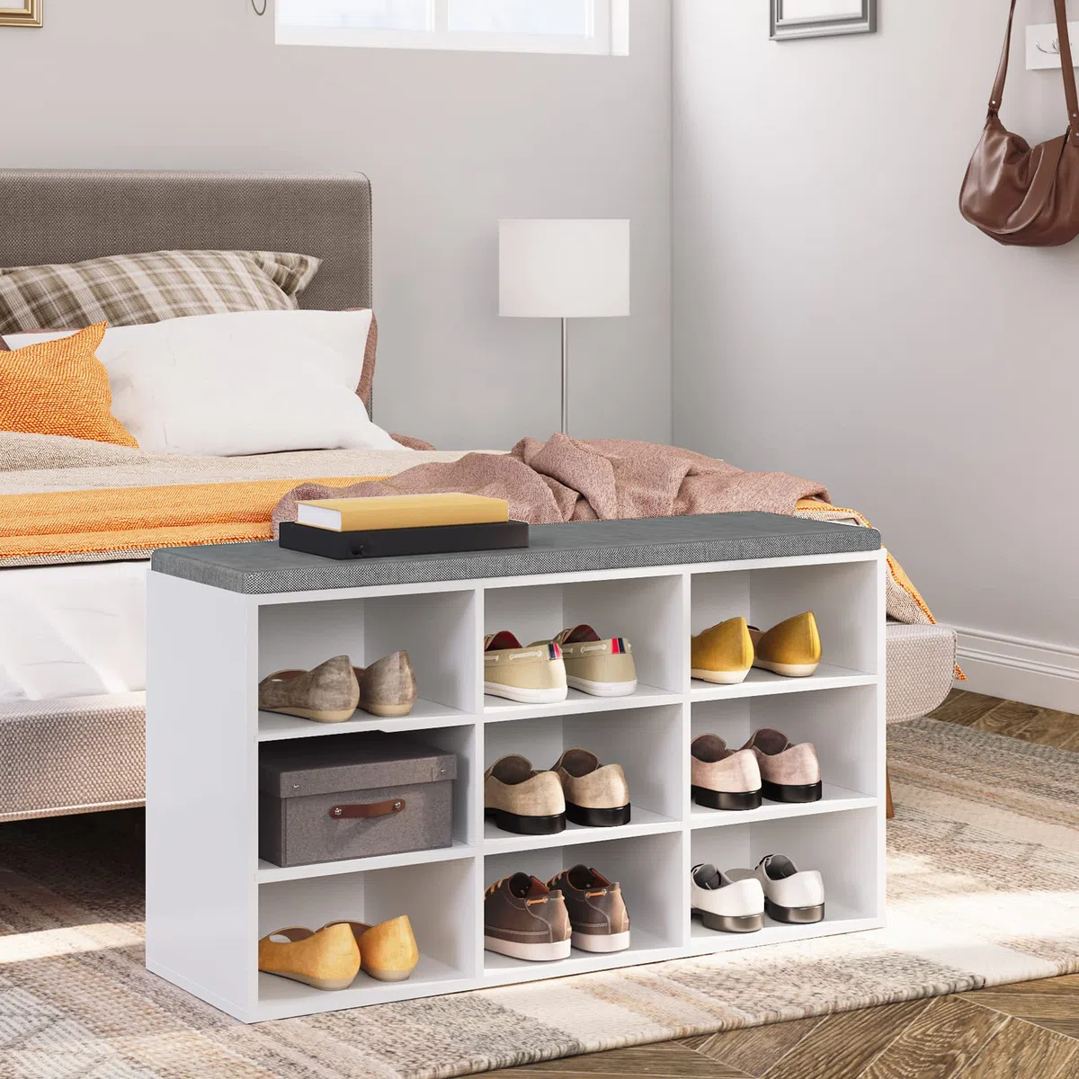 HOOBRO Panca Scarpiera, 80 x 30 x 48 cm, Panca Contenitore con Scomparti Aperti, Portaoggetti, Seduta Imbottita, Stabile, per Ingresso, Corridoio, Camera da Letto, Bianco EWT89HX01
