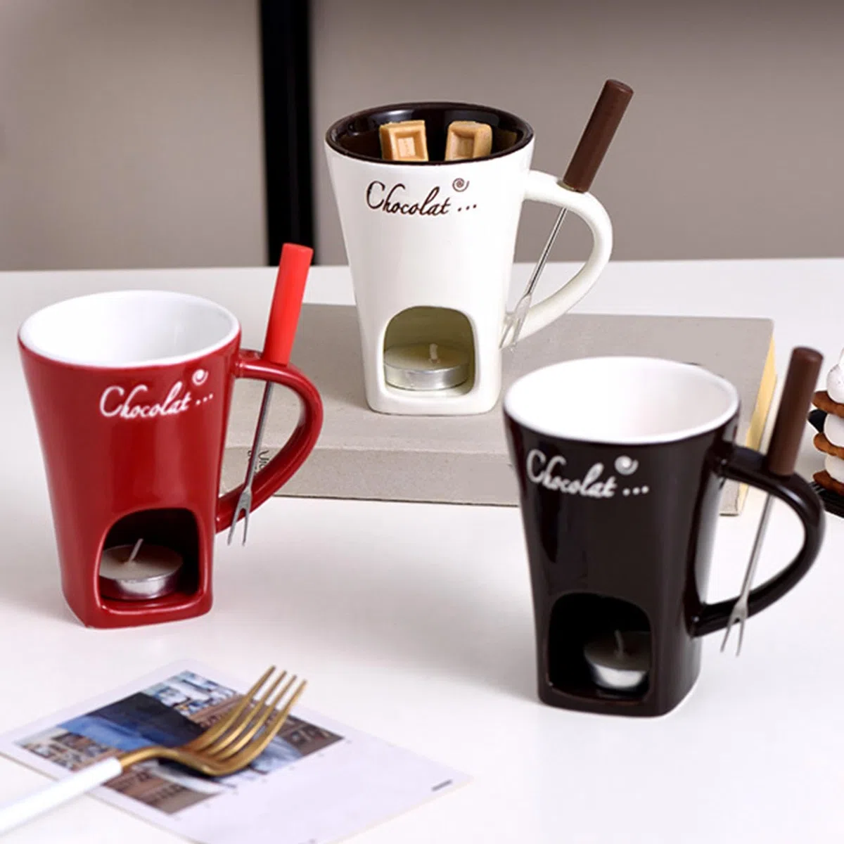 Tazza Per Fonduta Di Cioccolato, Set Creativo Di Tazze Per Fonduta Con Candele Da Tè, Tazza Da Caffè In Ceramica Per Fonduta Di Cioccolato Con Forchette, Tazze Per Sciogliere Cioccolato, Formaggio