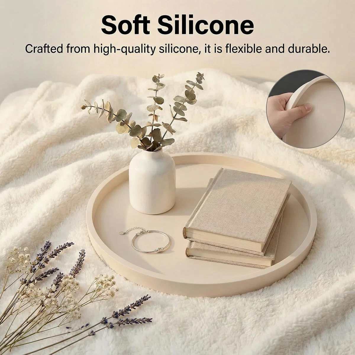 Vassoi decorativi Vassoio da banco da 23 cm, rotondo in silicone decorativo per mobili, vassoio per cosmetici e gioielli, per flaconi di lozione, profumi, gioielli (beige)