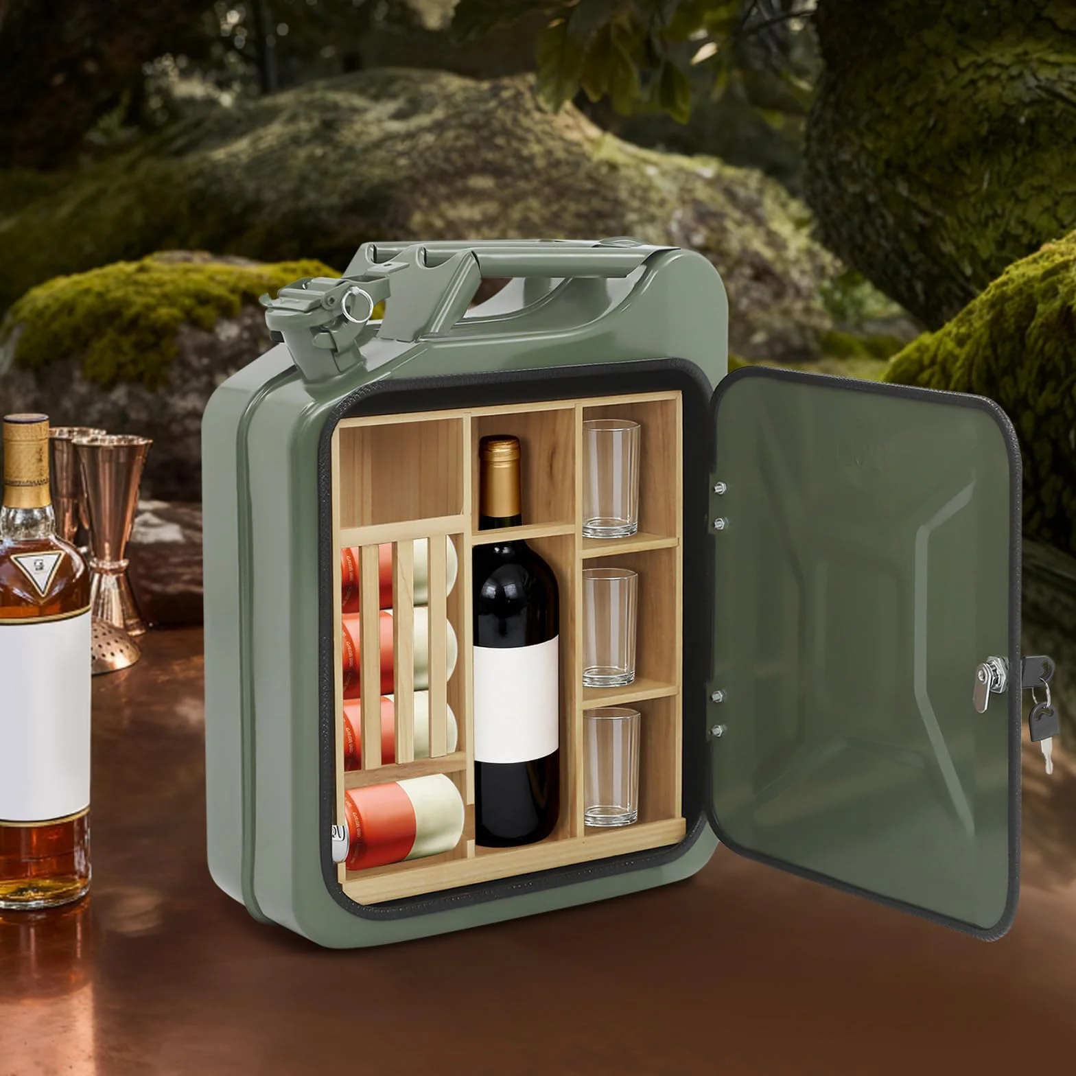 Tanica bar in metallo, minibar con serratura con scomparti in legno, come regalo per uomini, bar mobili, 35 x 15,5 x 47 cm