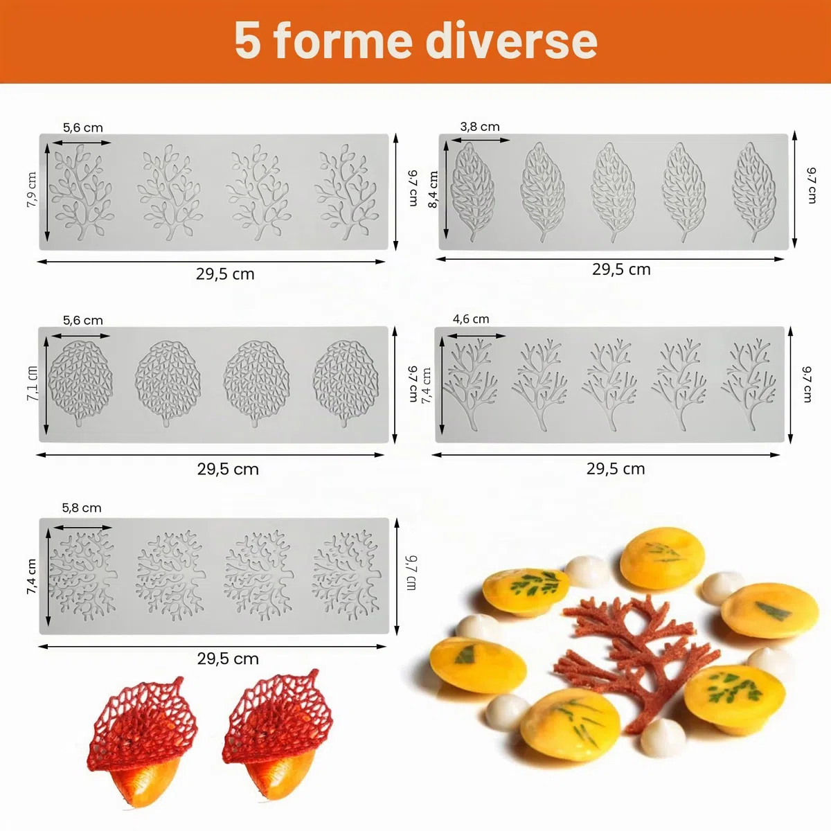 Stampo per Torta in Pizzo, 5 Pezzi Tappetino in Pizzo di Silicone, Stampi per Fondente in Pizzo, Stampi Silicone Foglia, per Dessert, Torte, Decorazione del Piatto