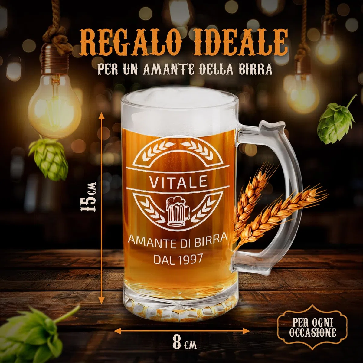 Maverton Boccale birra personalizzato con incisione - Regalo uomo compleanno - Bicchieri birra con manico 400 ml - Vetro di alta qualità altezza 15 cm - Idee regalo uomo per ogni occasione