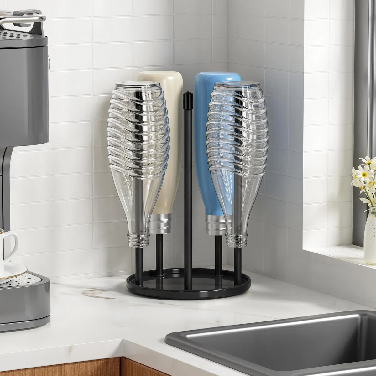 Portabottiglie per SodaStream - Scolabottiglie premium in ceramica con vassoio di sgocciolamento per 5 bottiglie SodaStream Crystal | Emil Nero