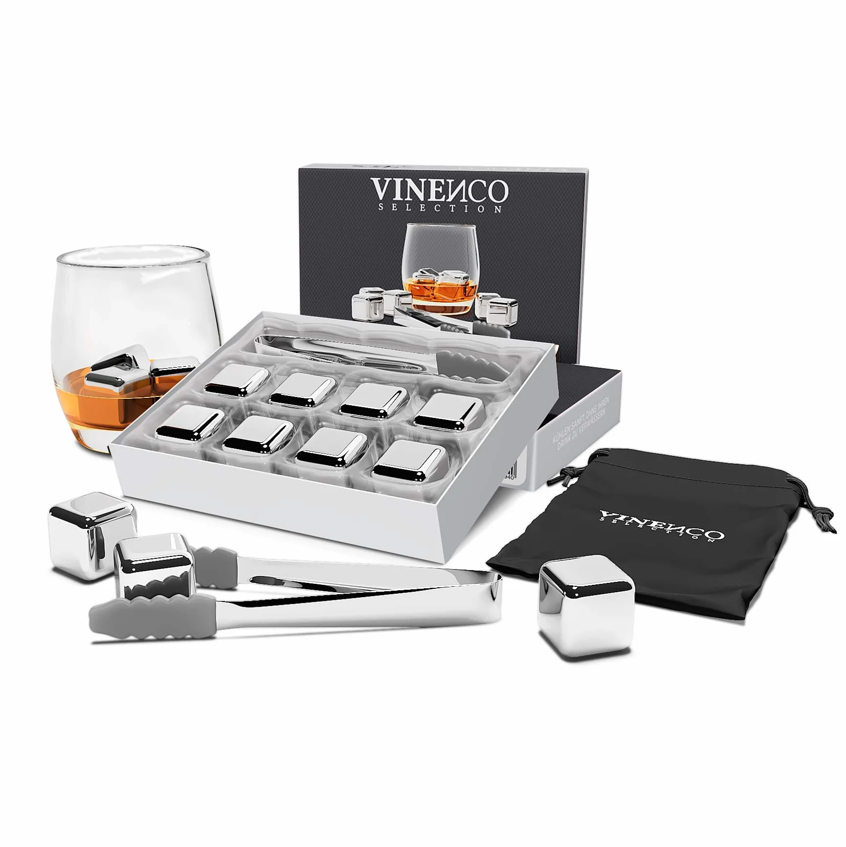 Cubetti di Ghiaccio Riutilizzabili, Set Pietre Acciaio & Basalto da Whisky Refrigeranti + Pinza + Bustina | Aperitivo Accessori Bar: Cocktail Whiskey Ice Cube Stone Kit, Idea Regalo Donna Uomo Festa