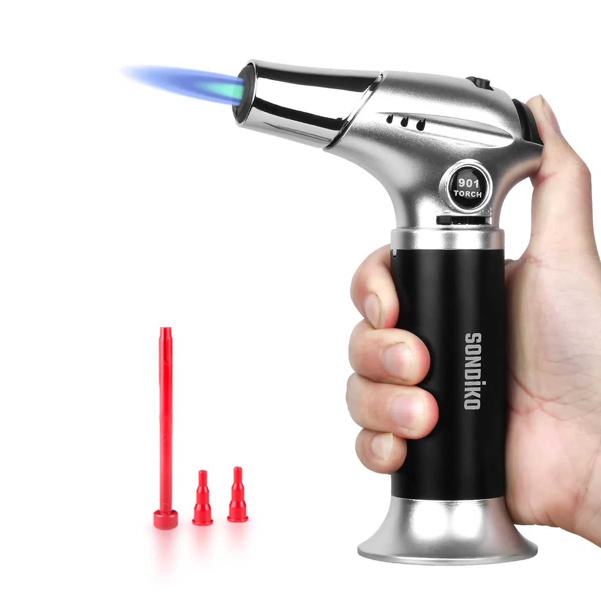 Sondiko Cannello da Cucina, Cannello a Gas S901, Cannello Ricaricabile con Blocco di Sicurezza e Fiamma Regolabile per Bricolage, Creme Brulee, Barbecue e Cottura, Gas Butano Non Incluso