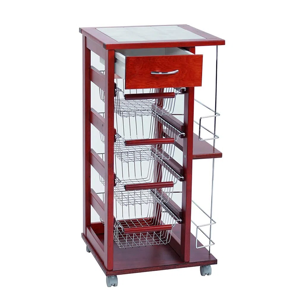 LIBEROSHOPPING.eu - LA TUA CASA IN UN CLIK Carrello salvaspazio con cesti portafrutta portabottiglie Ruote e Piano (Ciliegio)