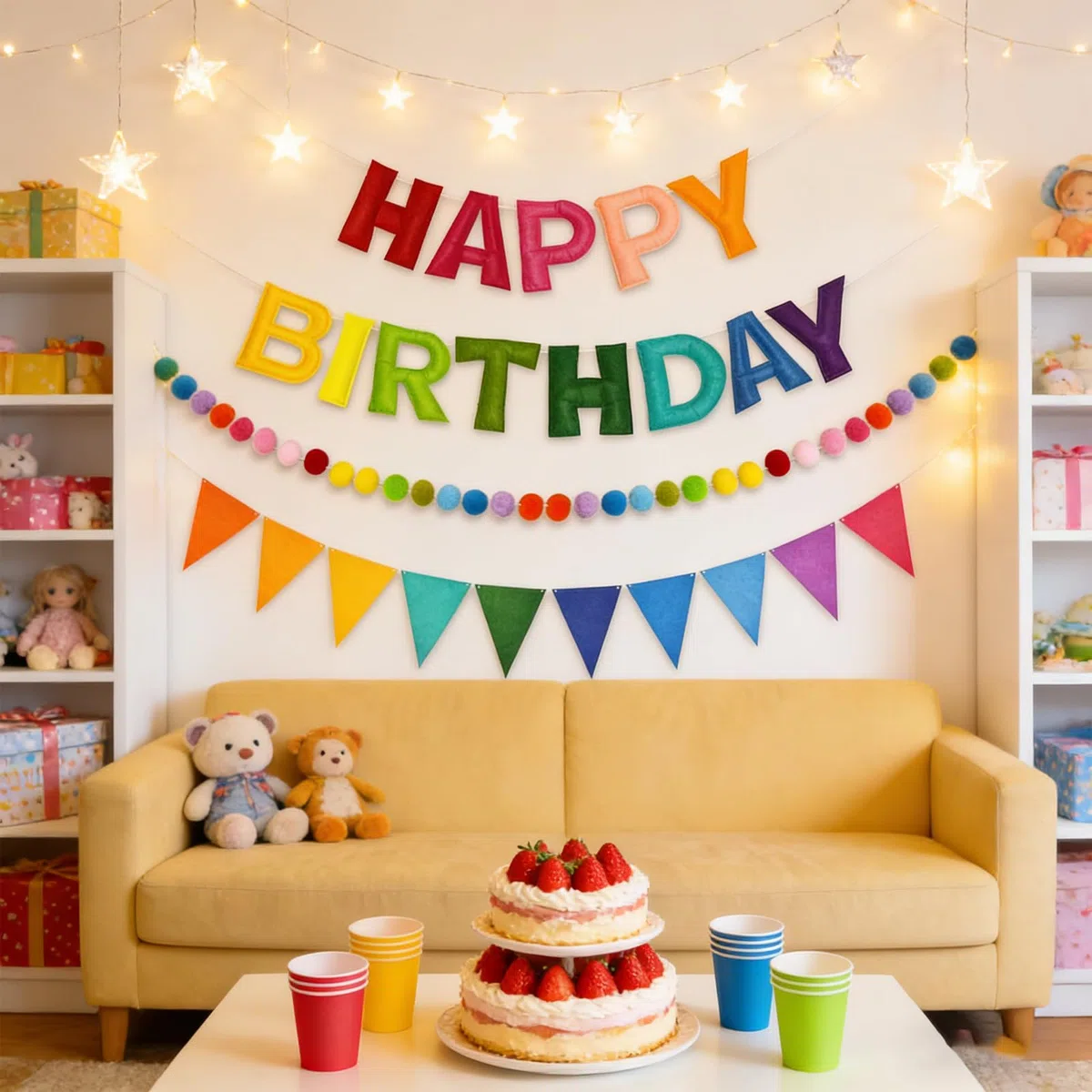 Happy Birthday Banner, Riutilizzabile Banderole Buon Compleanno, Arcobaleno Catena di Gagliardetti con Lettere e Palle di Feltro, Ghirlanda Preassemblata Decorazioni per Festa di Compleanno
