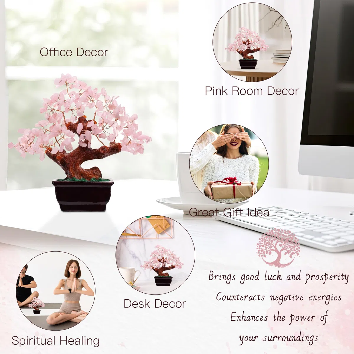 Parma77 Feng Shui - Albero dei soldi in cristallo di quarzo rosa naturale, albero di cristallo curativo, decorazione in stile bonsai, per ricchezza e fortuna, decorazione per la casa, regali per donne