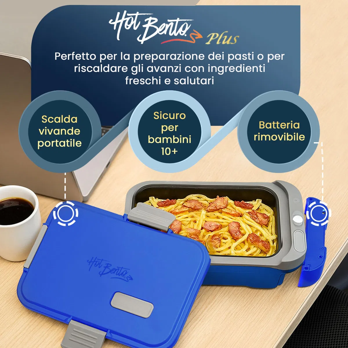 Hot Bento PLUS – Scaldavivande Elettrico Portatile con Batteria Rimovibile e Ricaricabile USB-C, Scalda Cibo in 10 Minuti, Lunch Box Termico per Ufficio, Viaggio e Lavoro, 994 ml - Blu Oceano