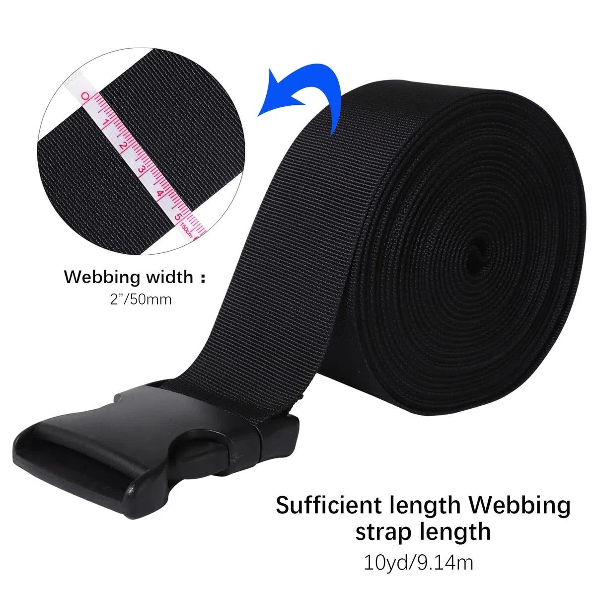 RETON 50MM 10 Yards Cinturino in Nylon Nero + 10 Pezzi Fibbie Regolabili Fibbie Laterali in plastica (50MM, 10 Pezzi)