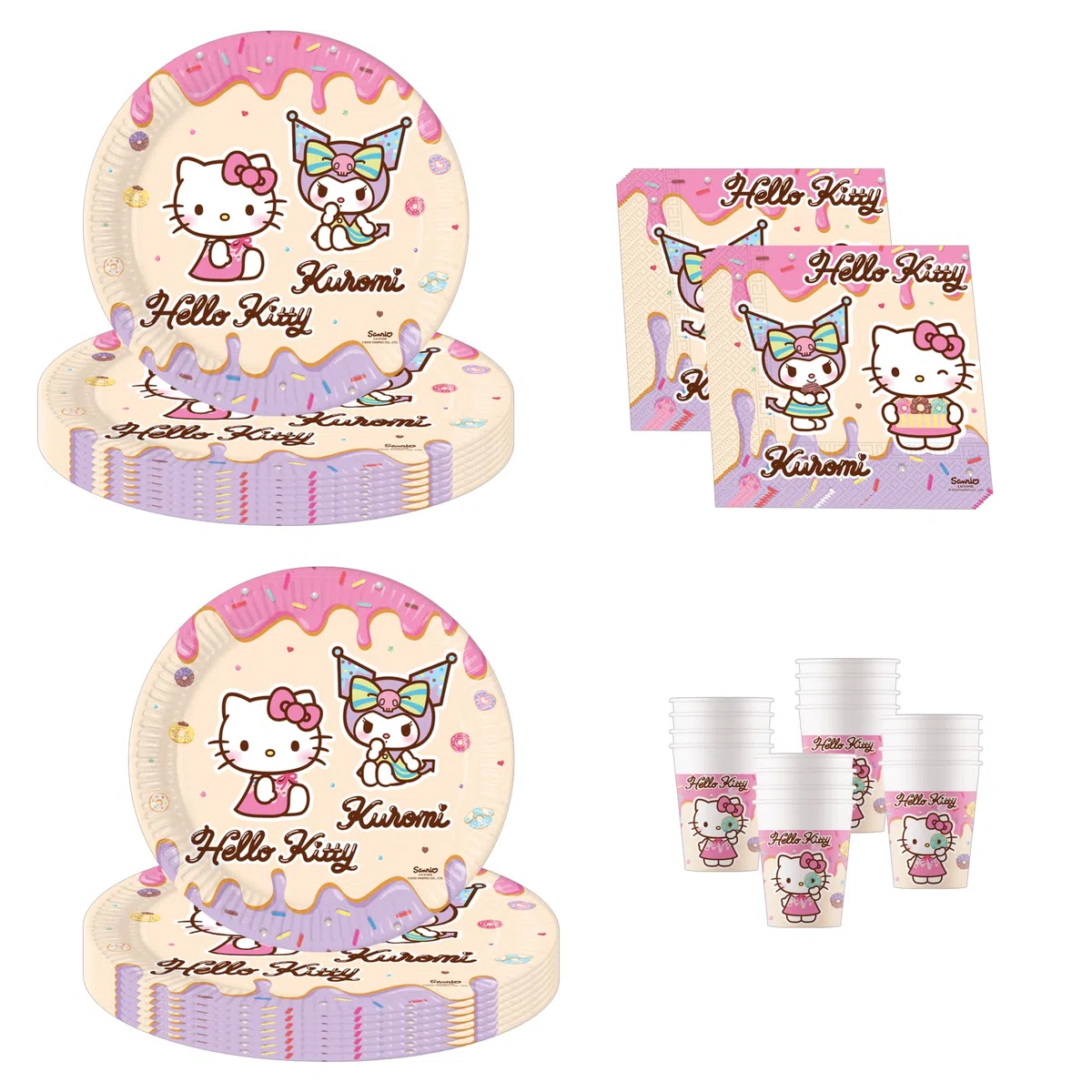 Procos - Decorazione per compleanno Hello Kitty & Kuromi, 52 pezzi, piatti, bicchieri e tovaglioli di carta per feste di compleanno per bambini, articoli per la tavola