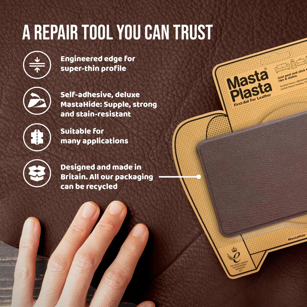 Toppa autoadesiva per riparazioni in pelle MastaPlasta Premium - NERO 20cm x 10cm. Il tuo kit di riparazione istantaneo per divani, sedili auto, borse, giacche e fai da te