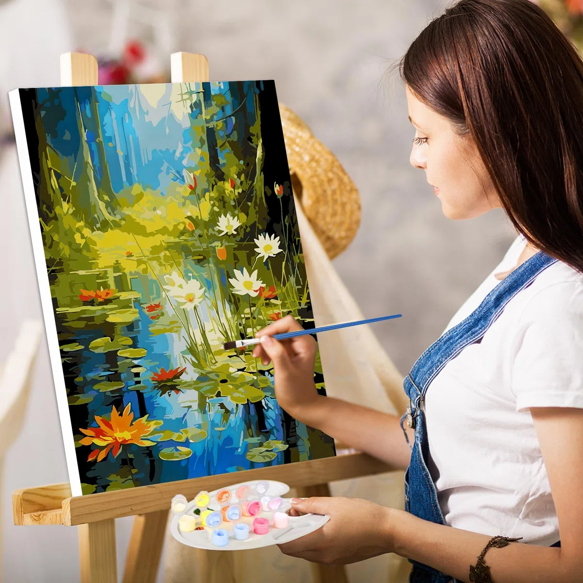 QENSPE Paesaggio Dipingere con i Numeri per Adulti, Kit di Pittura su Tela Fai da Te per Adulti, Kit di Dipingere con i Numeri con Pennelli Pigmento Acrilico Disegno Pittura 40x50 cm (Stagno Loto)