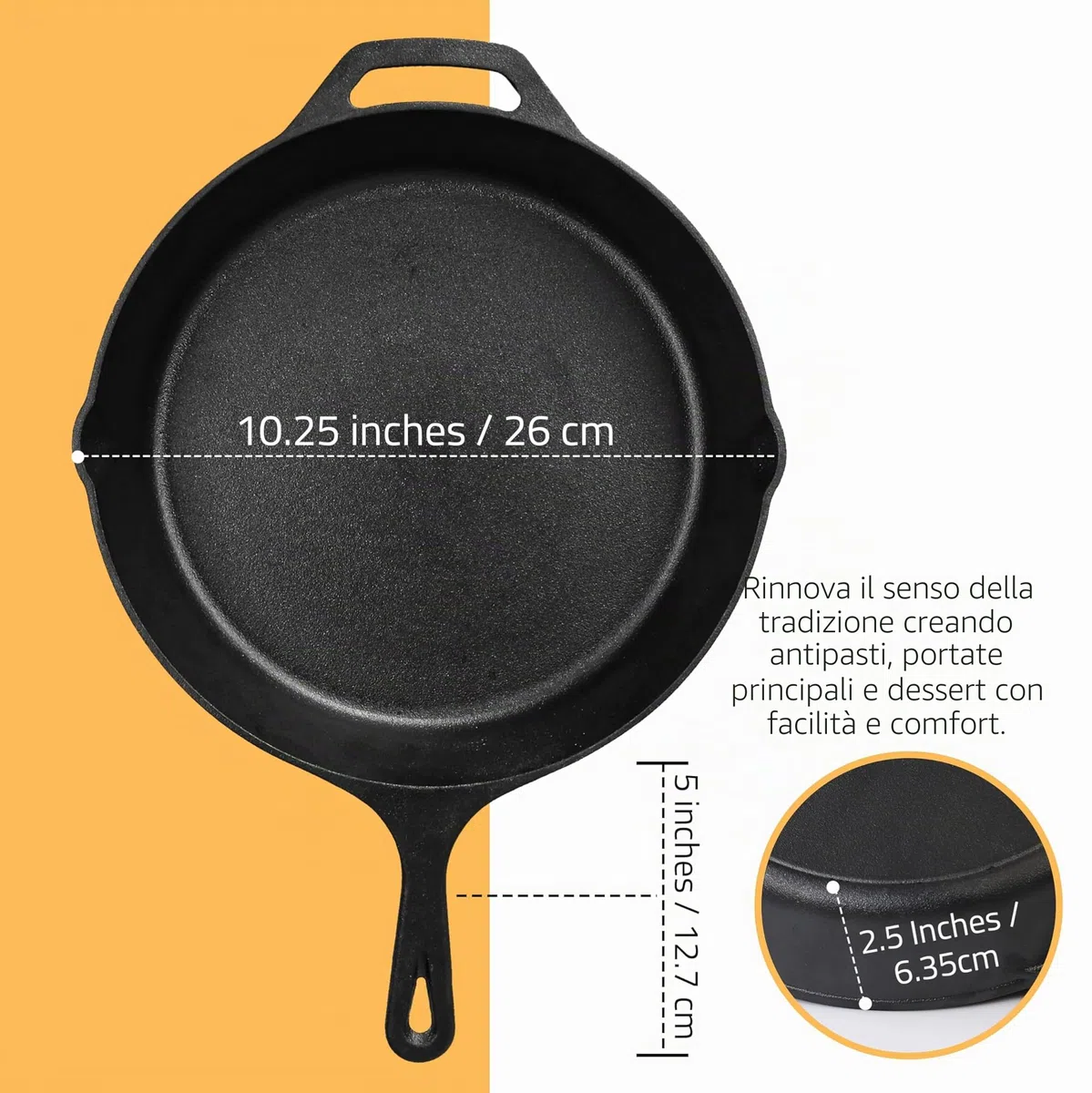 KICHLY Padella in Ghisa pre-Stagionata - Padella per Friggere - Pentole per Grigliare Sicure per uso Interno ed Esterno - Padella in Ghisa da 26 cm (10,25 Pollici)