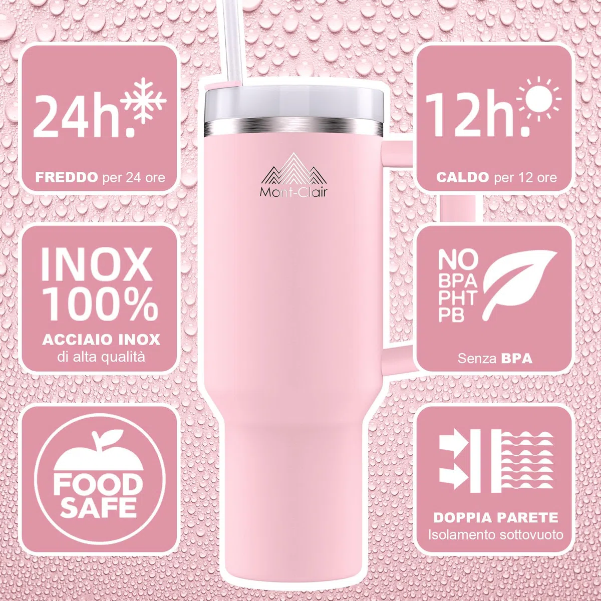 Mont-Clair Tumbler 40oz - Tazza Termica con Cannuccia - Acciaio Inossidabile - Freddo per 11 Ore - Con Ghiaccio per 48 Ore - 1200ml - Rosa