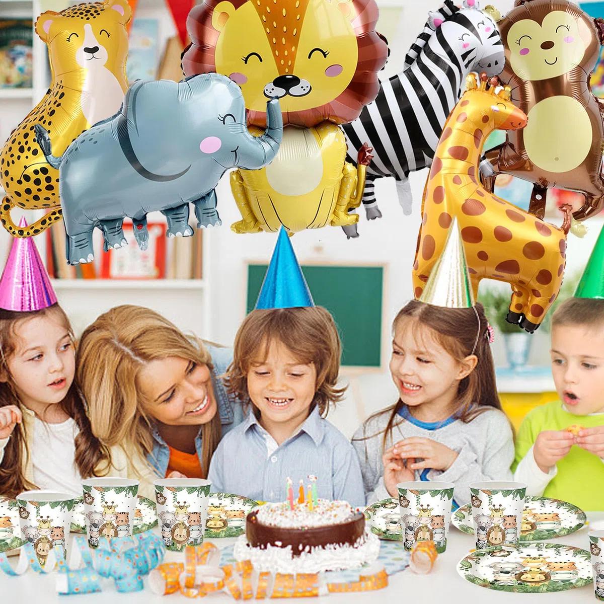 Safari nella giungla Set di decor per il compleanno,Giungla Decor di compleanno in stoviglie con palloncini in foil,Piatti di carta bicchieri tovaglioli Palloncino 20 ospiti