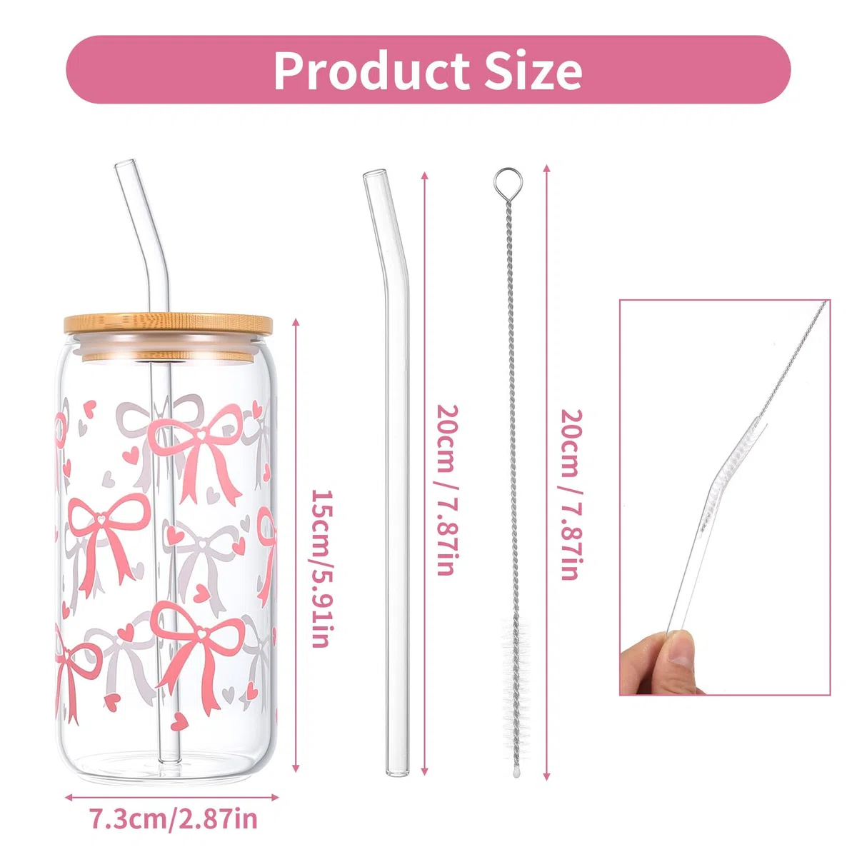 Bicchiere con Cannuccia e Coperchio, 16 oz Tazza di vetros, bicchiere vetro con cannuccia, tazza vetro, tazze con fiocco rosa, bicchieri acqua vetro per bubble tea, acqua, cocktail, regali