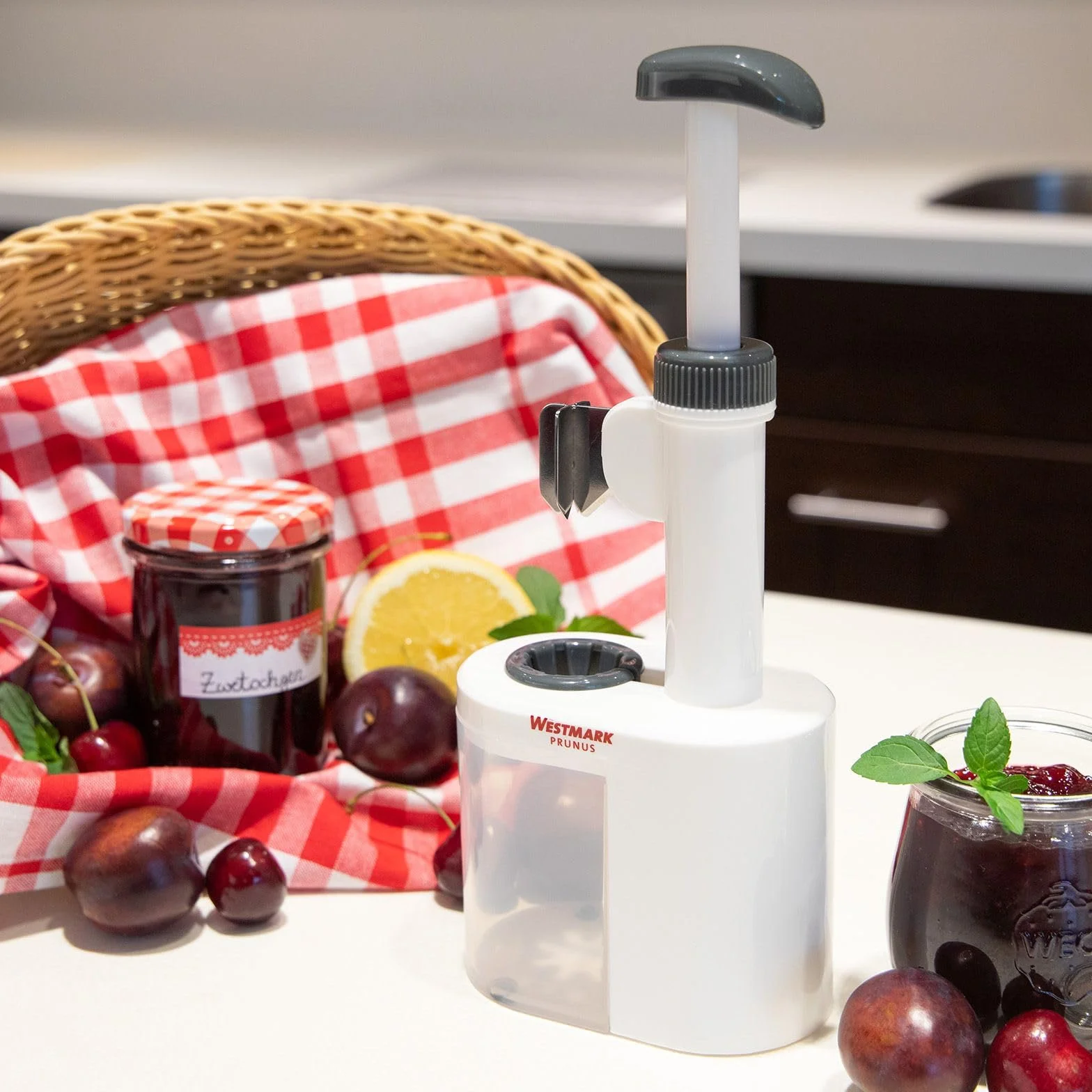 Westmark Denocciolatore per prugne, Per prugne pronte all'uso in cucina, Altezza: 26,5 cm, Plastica/Lame in acciaio inox, Prunus, Bianco/Antracite, 40232260