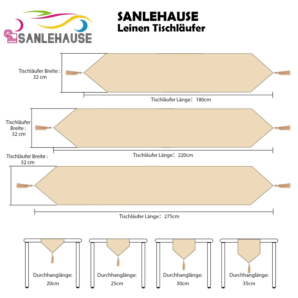 Runner da tavola in lino, bianco, crema, beige, 32 x 220 cm, runner da tavolo, liscio, moderno, facile da pulire, per tavolo da pranzo, tavolino, ristorante, decorazione