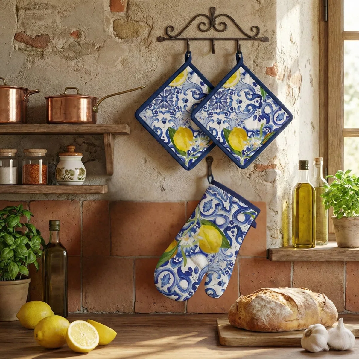 Set Presine da Cucina e Guanto da Forno in Cotone, Guanti da Cucina più 2 Presine con Fantasia Decorativa, Guanto forno 32x18 cm, Presina 20x20 cm