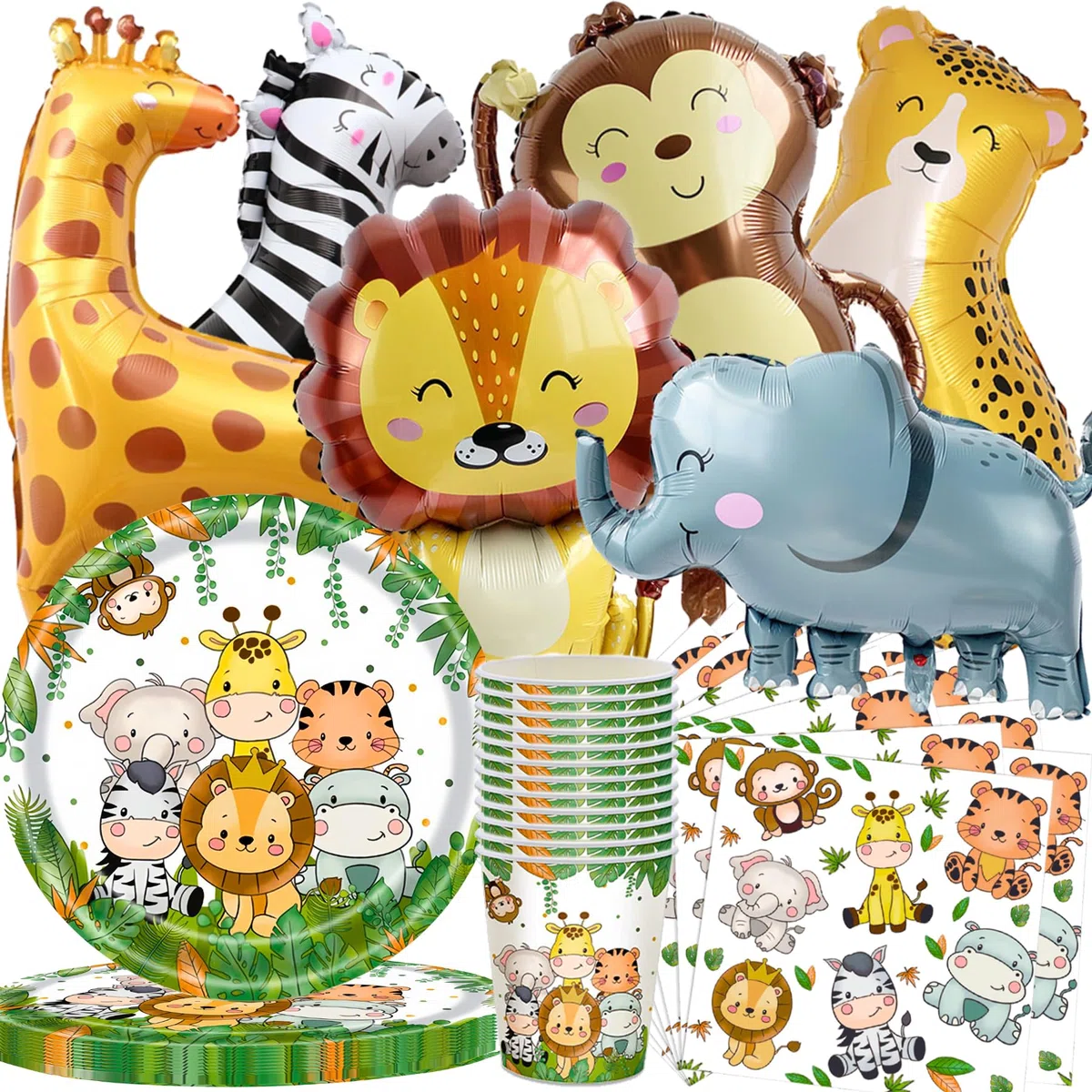 Safari nella giungla Set di decor per il compleanno,Giungla Decor di compleanno in stoviglie con palloncini in foil,Piatti di carta bicchieri tovaglioli Palloncino 20 ospiti