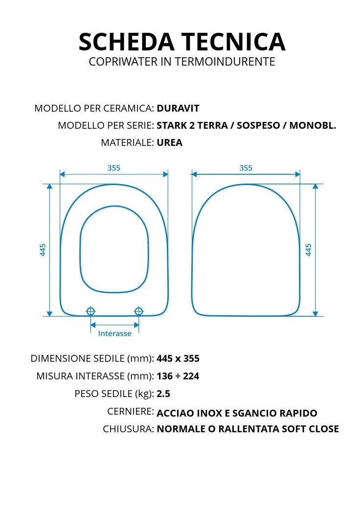 Copriwater per DURAVIT STARK 2 TERRA/SOSPESO/MONOBLOCCO TERMOINDURENTE BIANCO cerniera inox normale o rallentata soft close