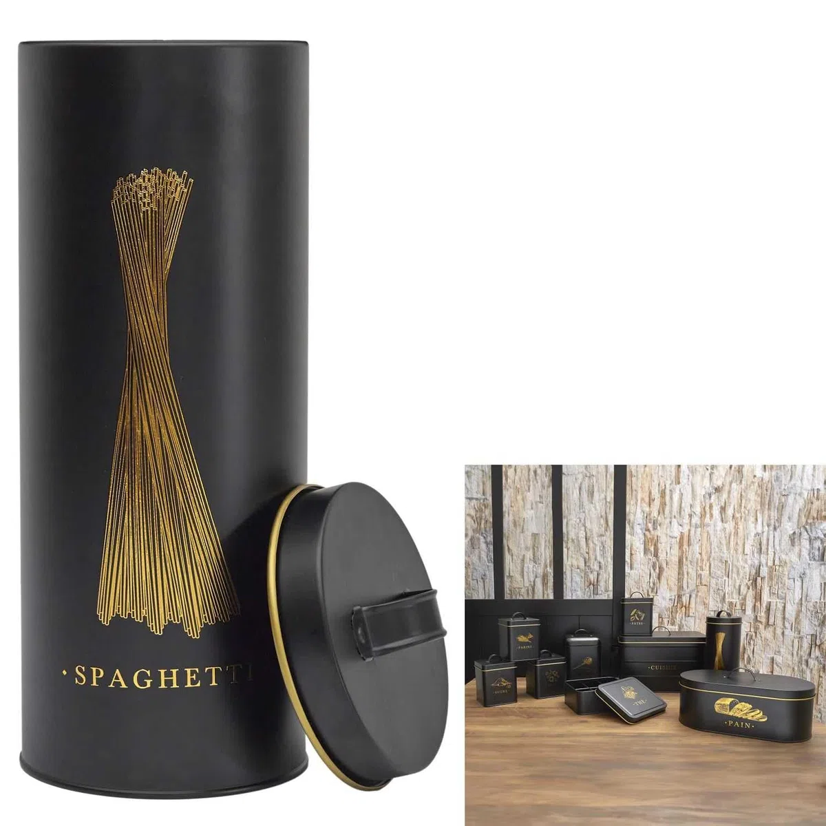 COOK CONCEPT, BT6814, Elegante Scatola in Metallo per Spaghetti, Design Moderno, Protezione ottimale Contro l'umidità, Facile da Pulire, capienza generosa, ermetica, Nero e Oro, 1,5L