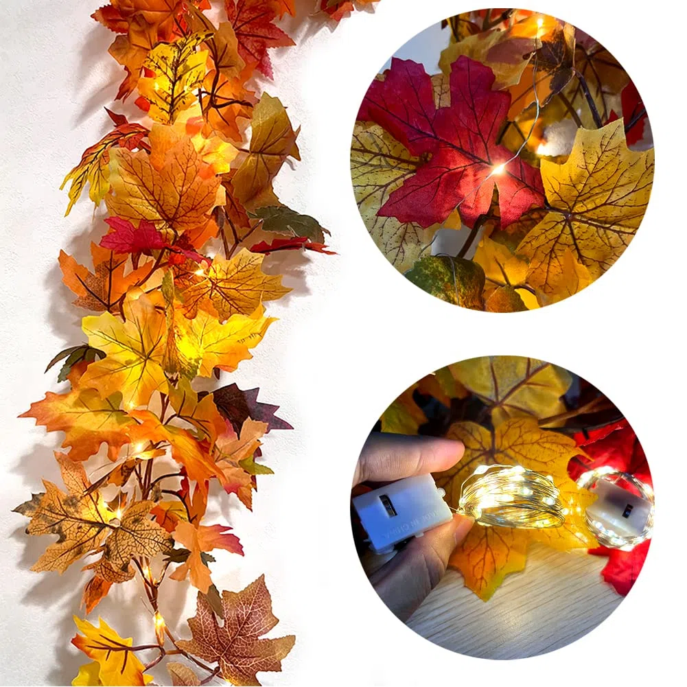 2 Pezzi Ghirlanda Foglie d'Acero Artificiali, OEMG 3,6m Ghirlanda Autunnale con 2 Luci e 4 Ganci, Ghirlande Foglie Autunnali Finte per Decorazioni Natalizie Halloween Autunno Ringraziamento Camino
