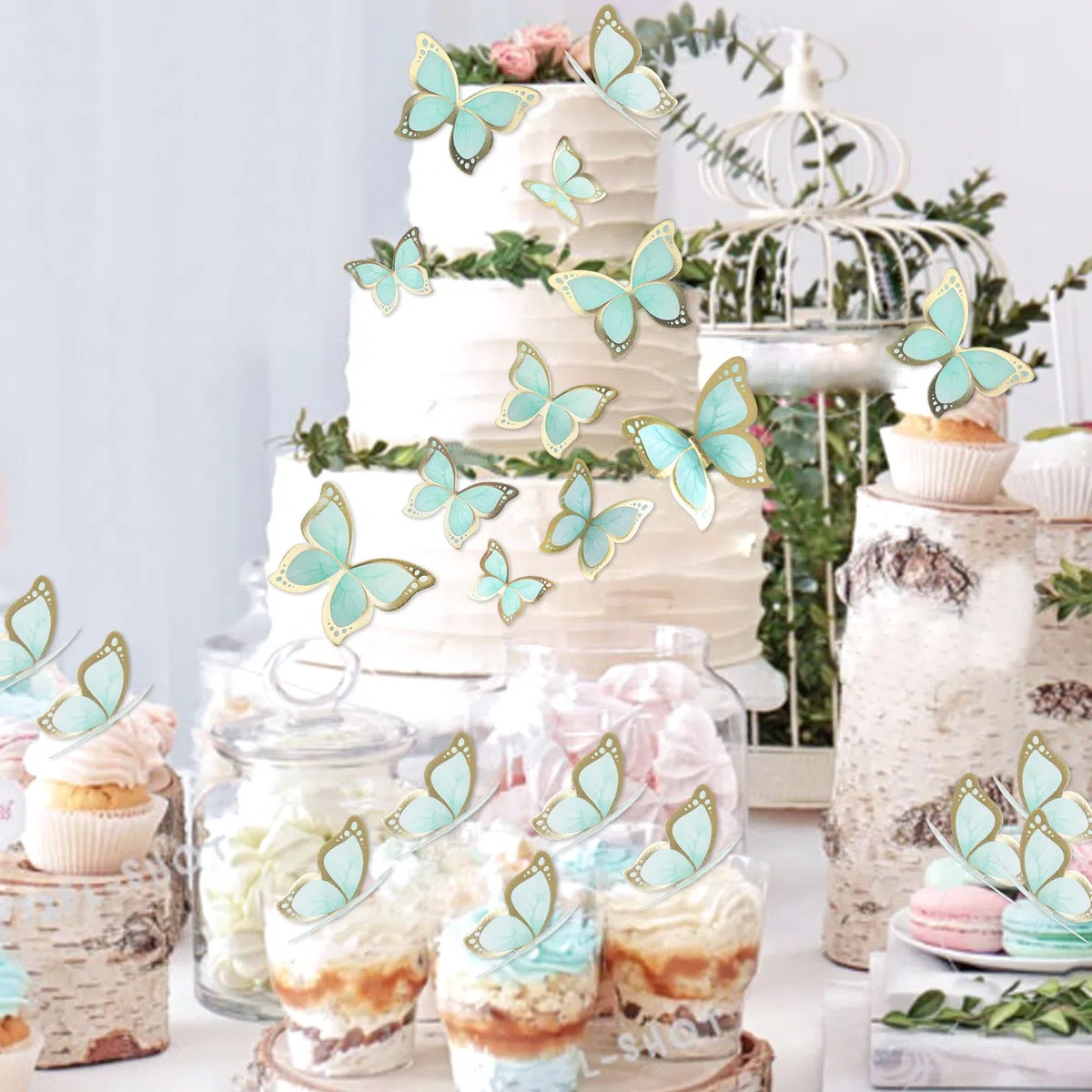 Blumomon Accessori per torta 3D con farfalle, decorazioni, bordo in oro verde, dimensioni miste, topper per cupcake a farfalla, matrimonio, baby shower, matrimonio, anniversario, compleanno, festa,
