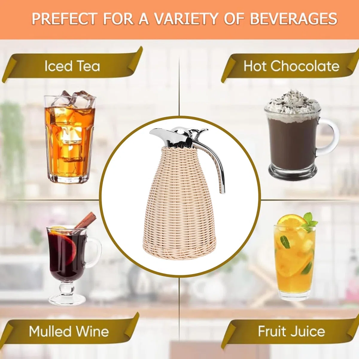 SIXRUN Carafe Tossicola Termica in Acciaio Inossidabile in Acciaio Inossidabile Intrecciato, 1,5 Litri di Brocca Isolata a Parete, Calore di 12 Ore, Fidelizzazione a Freddo 24 Ore, (Beige)