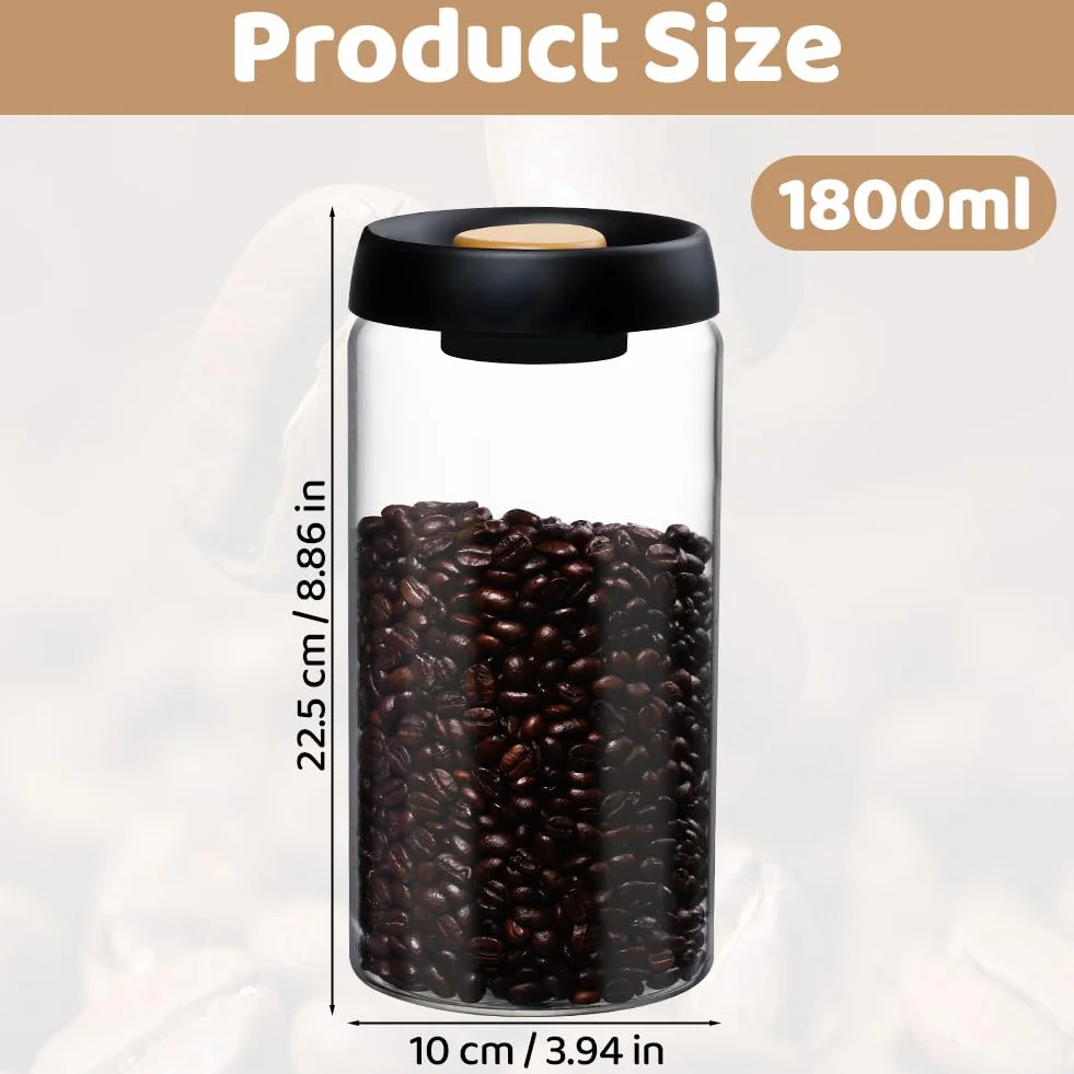 Barattolo per caffè, 1800ml in Vetro con Valvola di Degasazione per Conservare il Caffè Fresco in Chicchi, Tè e Noci