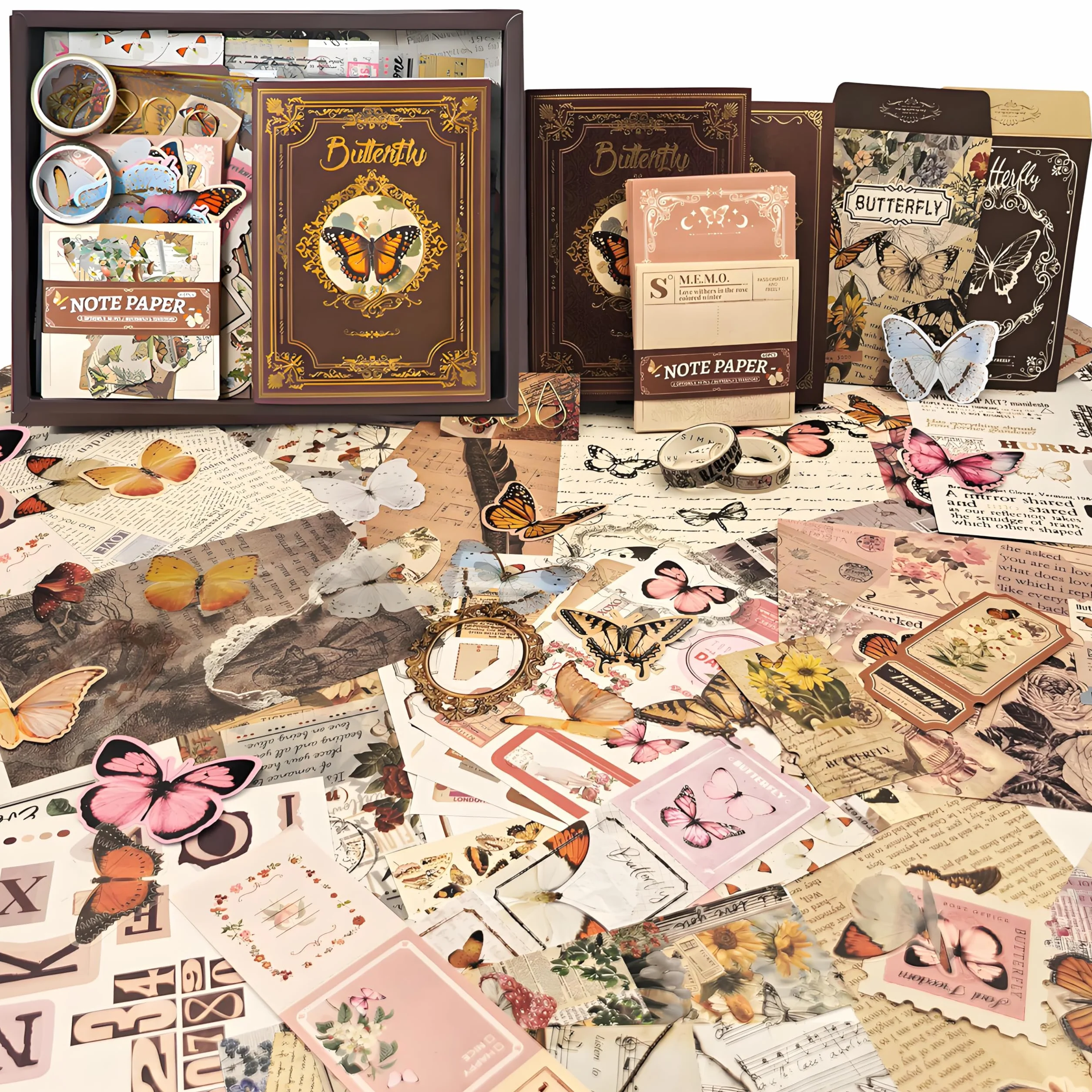 ROEOWENE 394pc Scrapbooking Kit Aesthetic DIY Scrapbooking Accessori Adesivi Vintage Sticker Journal Fai Da Te Junk Journaling Kit Regalo Compleanno per Donne Adolescenti-Farfalla Marrone