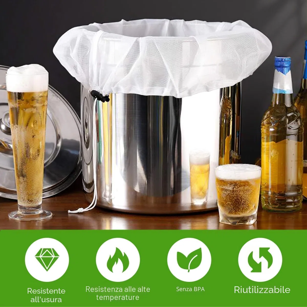 Sacchetto Filtrante Riutilizzabile 40x46 cm, Sacchetti Filtranti per Alimenti con Coulisse, Filtri per Liquori per Birra e Latte Vegetale, Sacchetti per Birra Filtranti per Vino, Caffè e Yogurt (1)